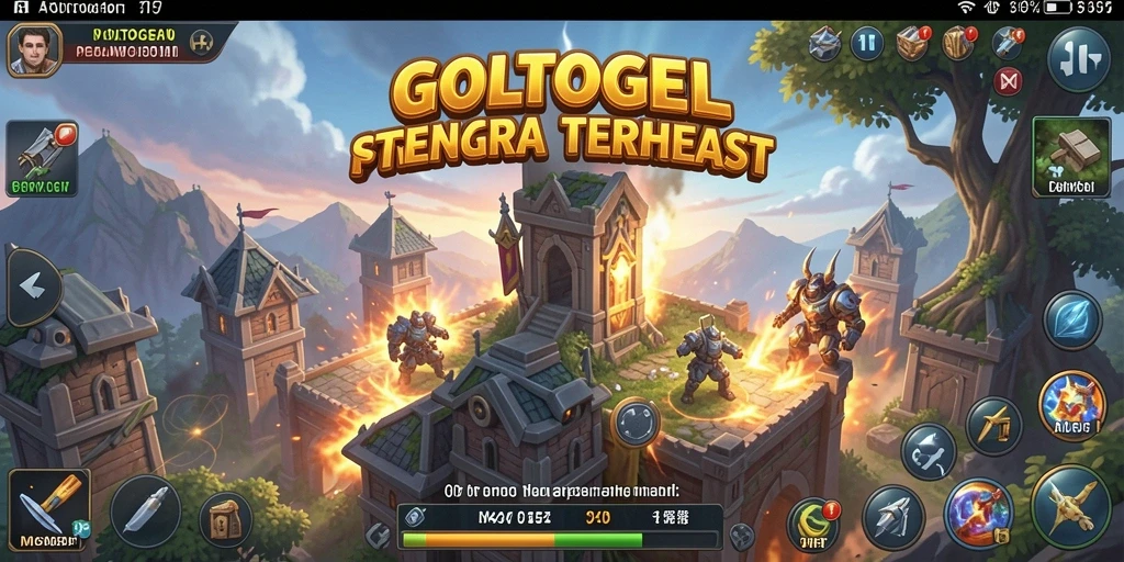 Screenshot gameplay GOLTOGEL yang menunjukkan pertarungan menara dan musuh.