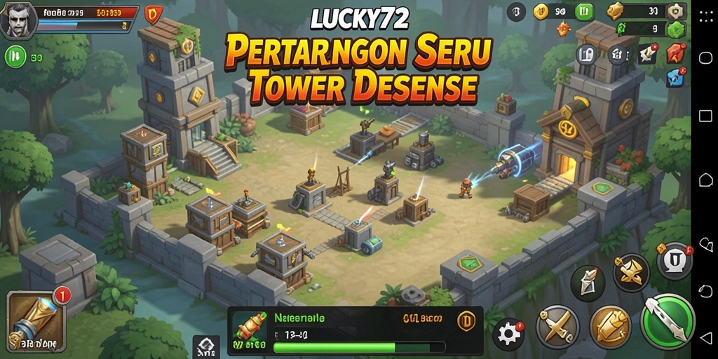 Screenshot gameplay LUCKY72 menampilkan aksi menara pertahanan.