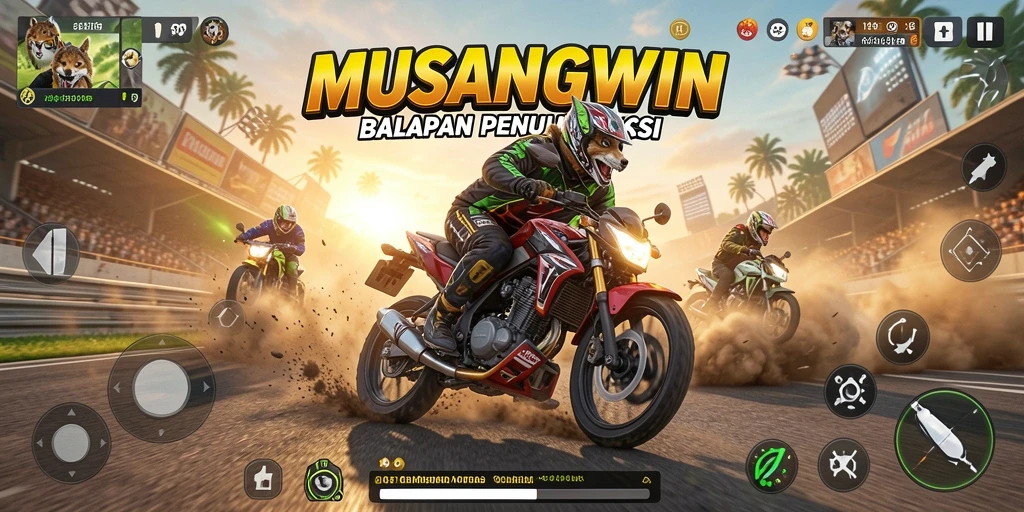 Tampilan gameplay penuh aksi di MUSANGWIN dengan motor balap.