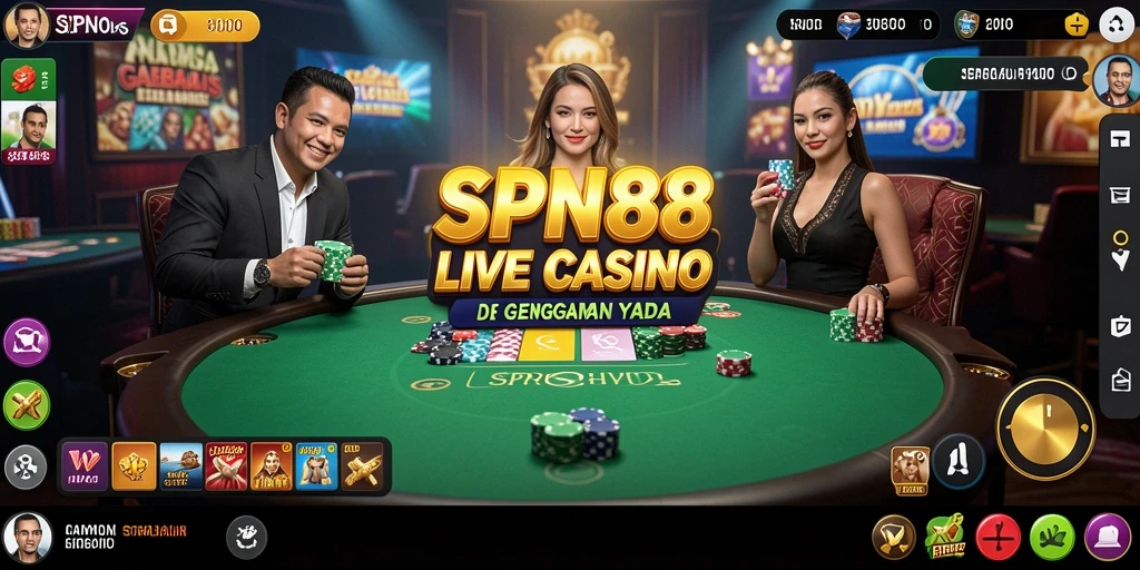 Screenshot gameplay SPN88 dengan dealer langsung dan suasana kasino.